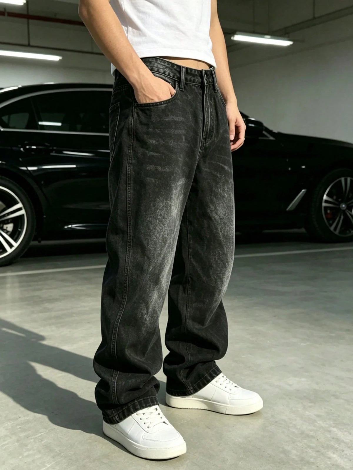 Men's Plus Size Loose Fit Solid Black Denim Jeans With Pockets Streetwear