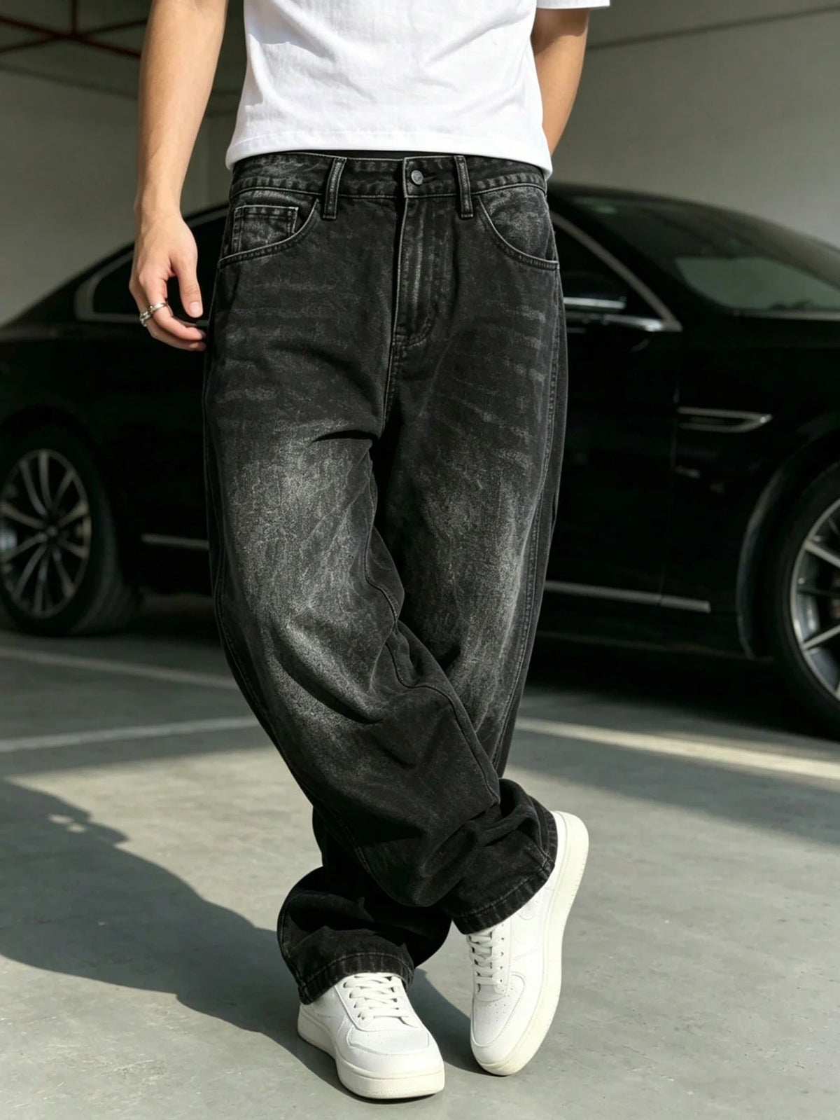 Men's Plus Size Loose Fit Solid Black Denim Jeans With Pockets Streetwear