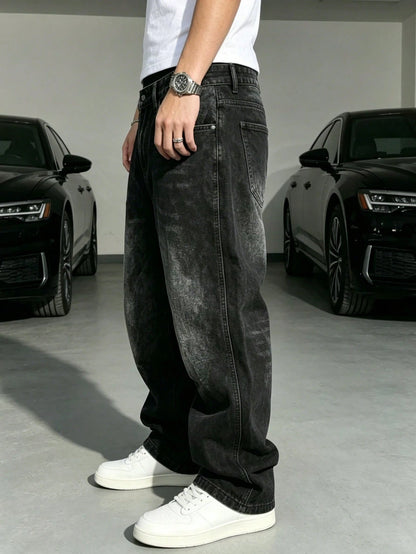 Men's Plus Size Loose Fit Solid Black Denim Jeans With Pockets Streetwear