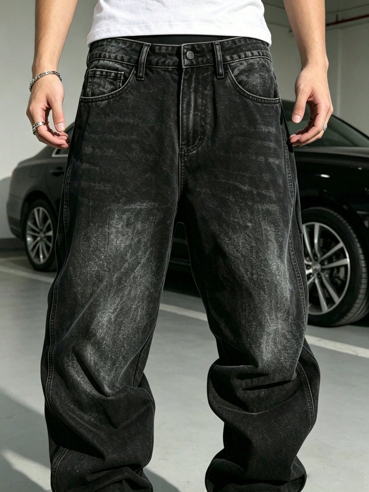 Men's Plus Size Loose Fit Solid Black Denim Jeans With Pockets Streetwear