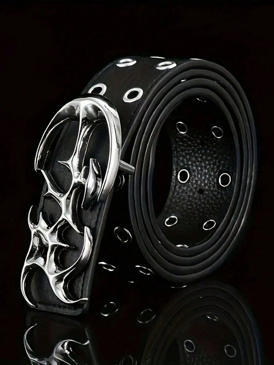 Men's Y2K Hollow Out PU Leather Belt With Asymmetric Alloy Buckle, Casual Waistband