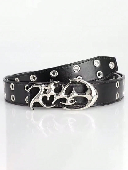 Men's Y2K Hollow Out PU Leather Belt With Asymmetric Alloy Buckle, Casual Waistband