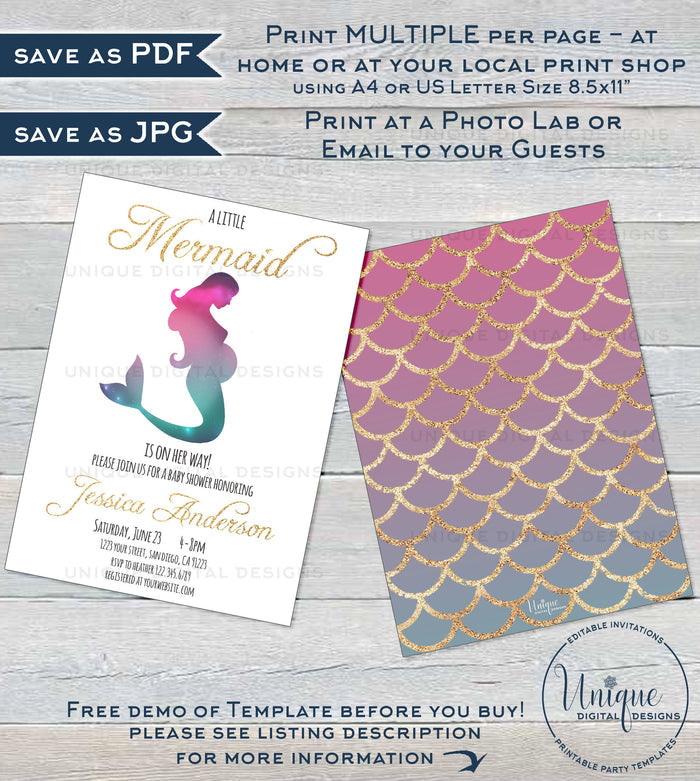 Mermaid Baby Shower Invitation, Editable Girl Mermaid Gold Baby Shower, Under the Sea Baby Sprinkle Printable diy