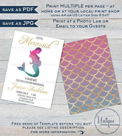 Mermaid Baby Shower Invitation, Editable Girl Mermaid Gold Baby Shower, Under the Sea Baby Sprinkle Printable diy