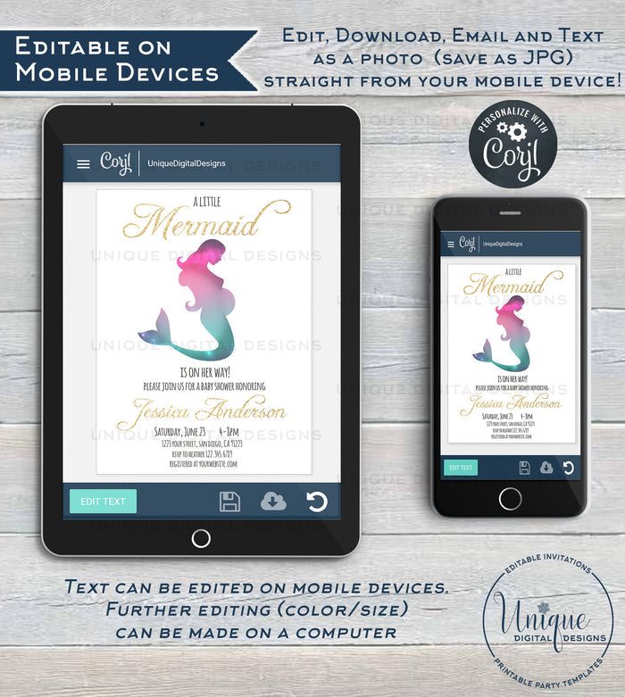Mermaid Baby Shower Invitation, Editable Girl Mermaid Gold Baby Shower, Under the Sea Baby Sprinkle Printable diy