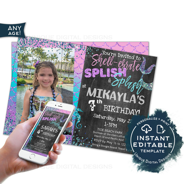 Mermaid Invitation, Editable Mermaid Splish Splash Birthday Bash, Shellebrate Under the sea Girl Birthday Invite, Digital Printable INSTANT