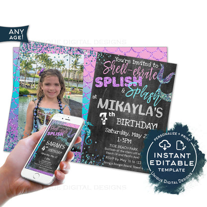 Mermaid Invitation, Editable Mermaid Splish Splash Birthday Bash, Shellebrate Under the sea Girl Birthday Invite, Digital Printable INSTANT