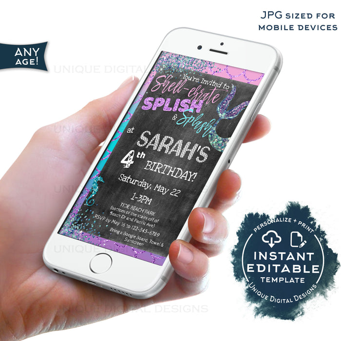 Mermaid Invitation, Editable Mermaid Splish Splash Birthday Bash, Shellebrate Under the sea Girl Birthday Invite, Digital Printable INSTANT