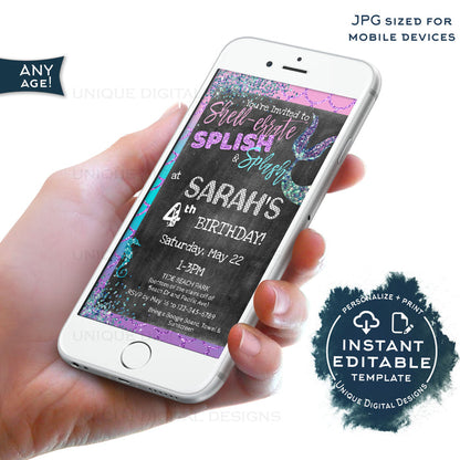 Mermaid Invitation, Editable Mermaid Splish Splash Birthday Bash, Shellebrate Under the sea Girl Birthday Invite, Digital Printable INSTANT