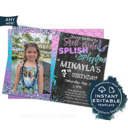Mermaid Invitation, Editable Mermaid Splish Splash Birthday Bash, Shellebrate Under the sea Girl Birthday Invite, Digital Printable INSTANT