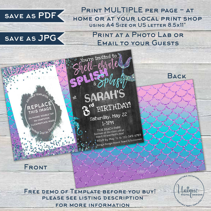 Mermaid Invitation, Editable Mermaid Splish Splash Birthday Bash, Shellebrate Under the sea Girl Birthday Invite, Digital Printable INSTANT