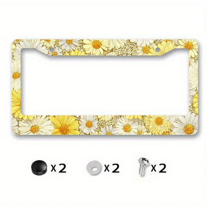Metallic License Plate Frame Cover, Yellow And White Daisy Pattern, Suitable For Summer Outdoor Car Decoration