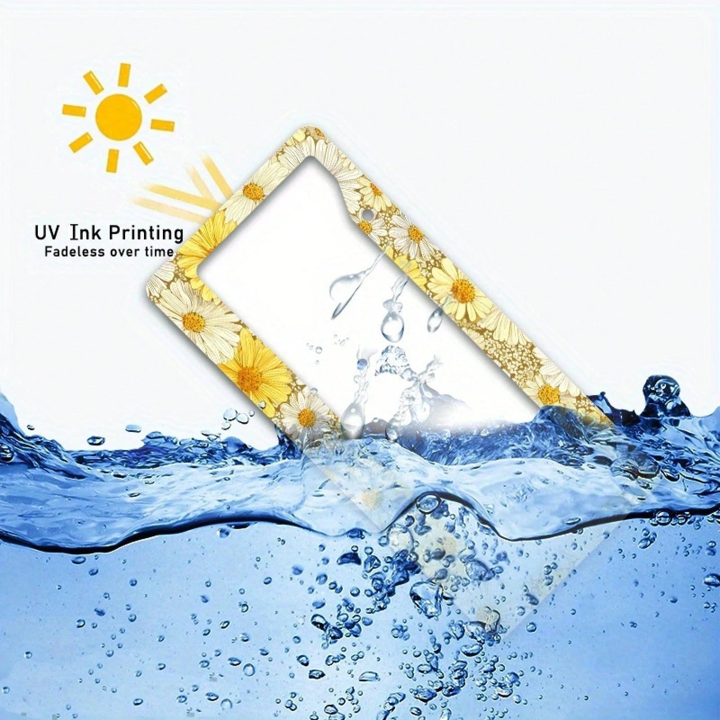 Metallic License Plate Frame Cover, Yellow And White Daisy Pattern, Suitable For Summer Outdoor Car Decoration