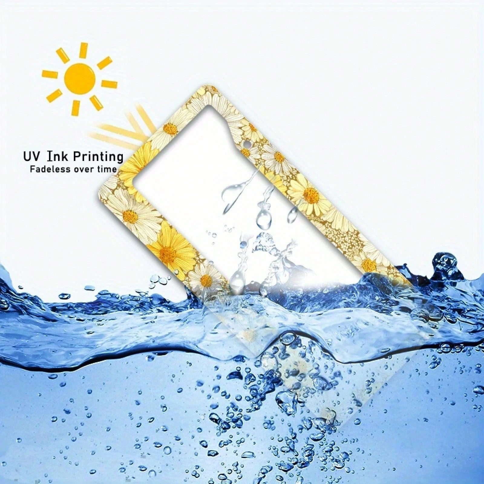 Metallic License Plate Frame Cover, Yellow And White Daisy Pattern, Suitable For Summer Outdoor Car Decoration