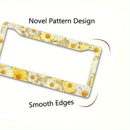 Metallic License Plate Frame Cover, Yellow And White Daisy Pattern, Suitable For Summer Outdoor Car Decoration