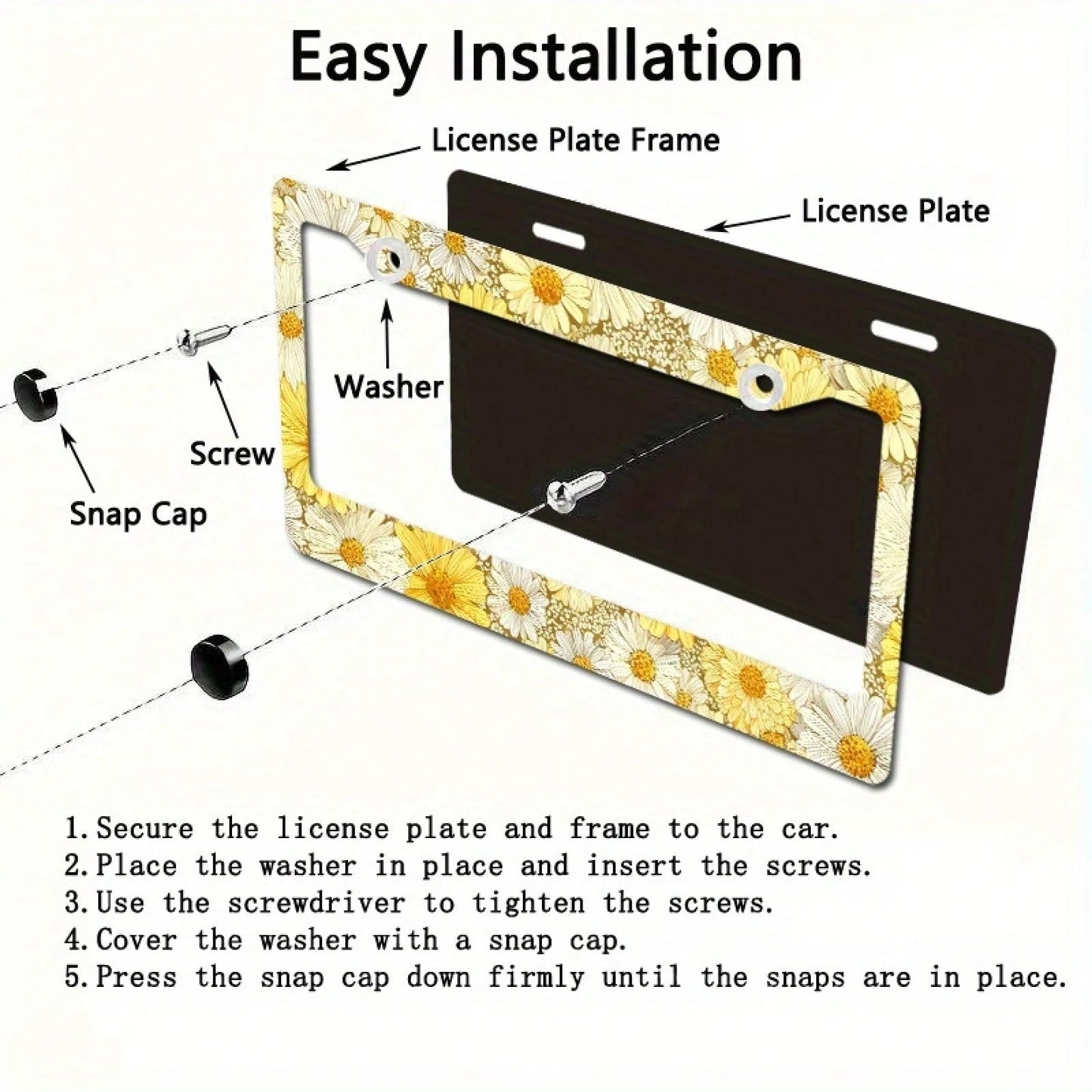 Metallic License Plate Frame Cover, Yellow And White Daisy Pattern, Suitable For Summer Outdoor Car Decoration
