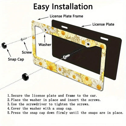 Metallic License Plate Frame Cover, Yellow And White Daisy Pattern, Suitable For Summer Outdoor Car Decoration