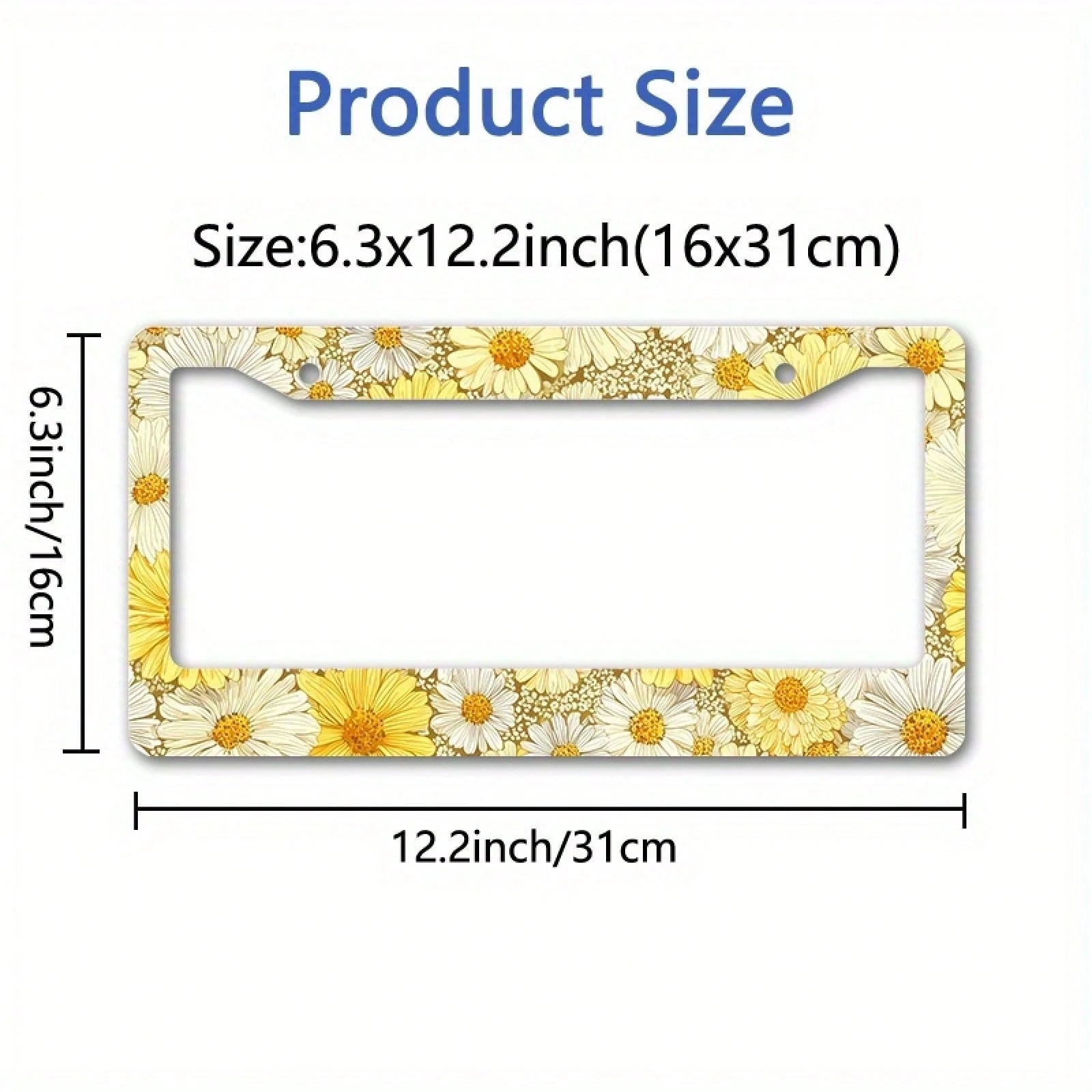 Metallic License Plate Frame Cover, Yellow And White Daisy Pattern, Suitable For Summer Outdoor Car Decoration