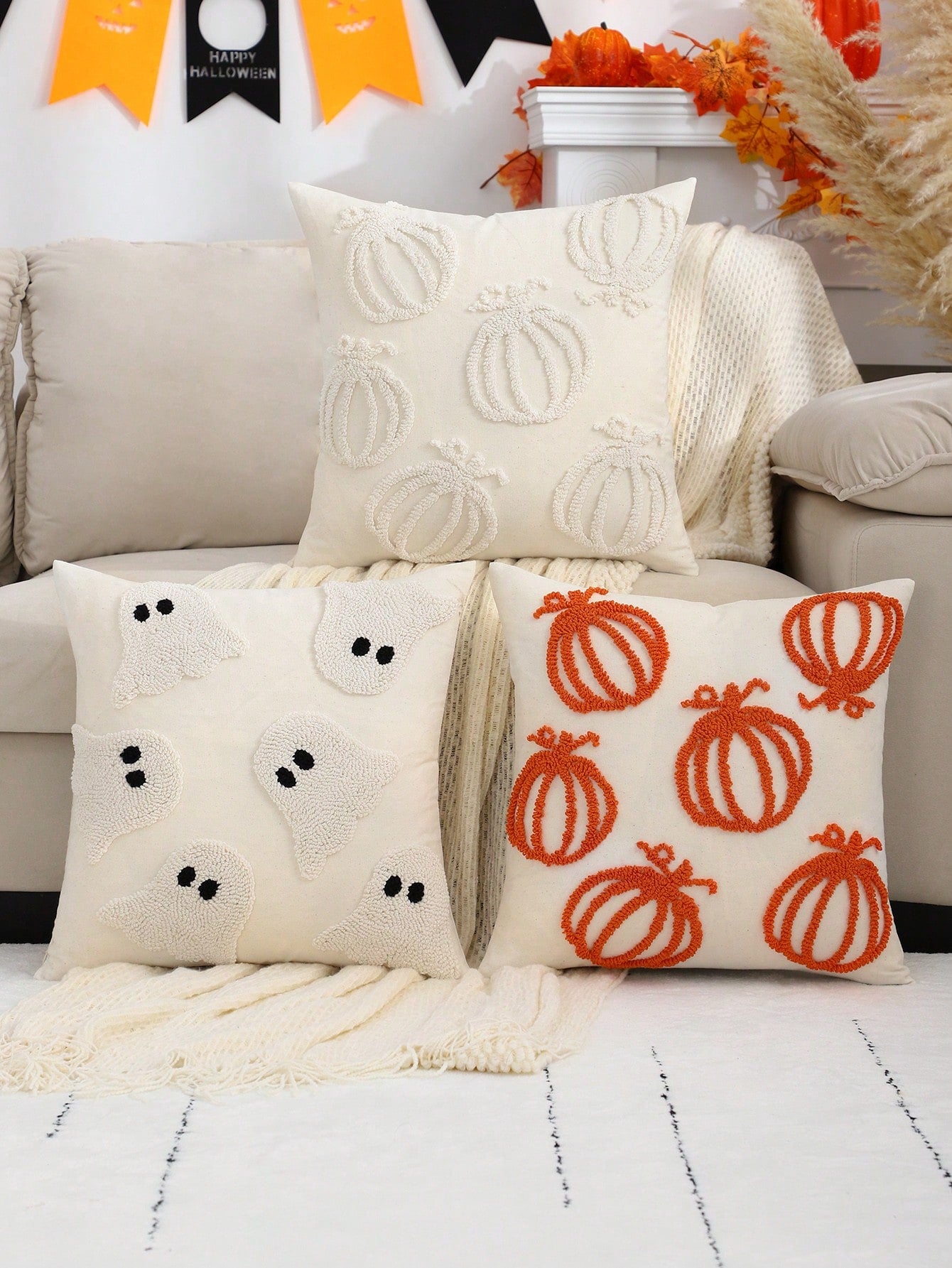 Miater 1pc Halloween Ghost Plush Embroidery Decorative Throw Pillow Cover For Living Room, Bedroom