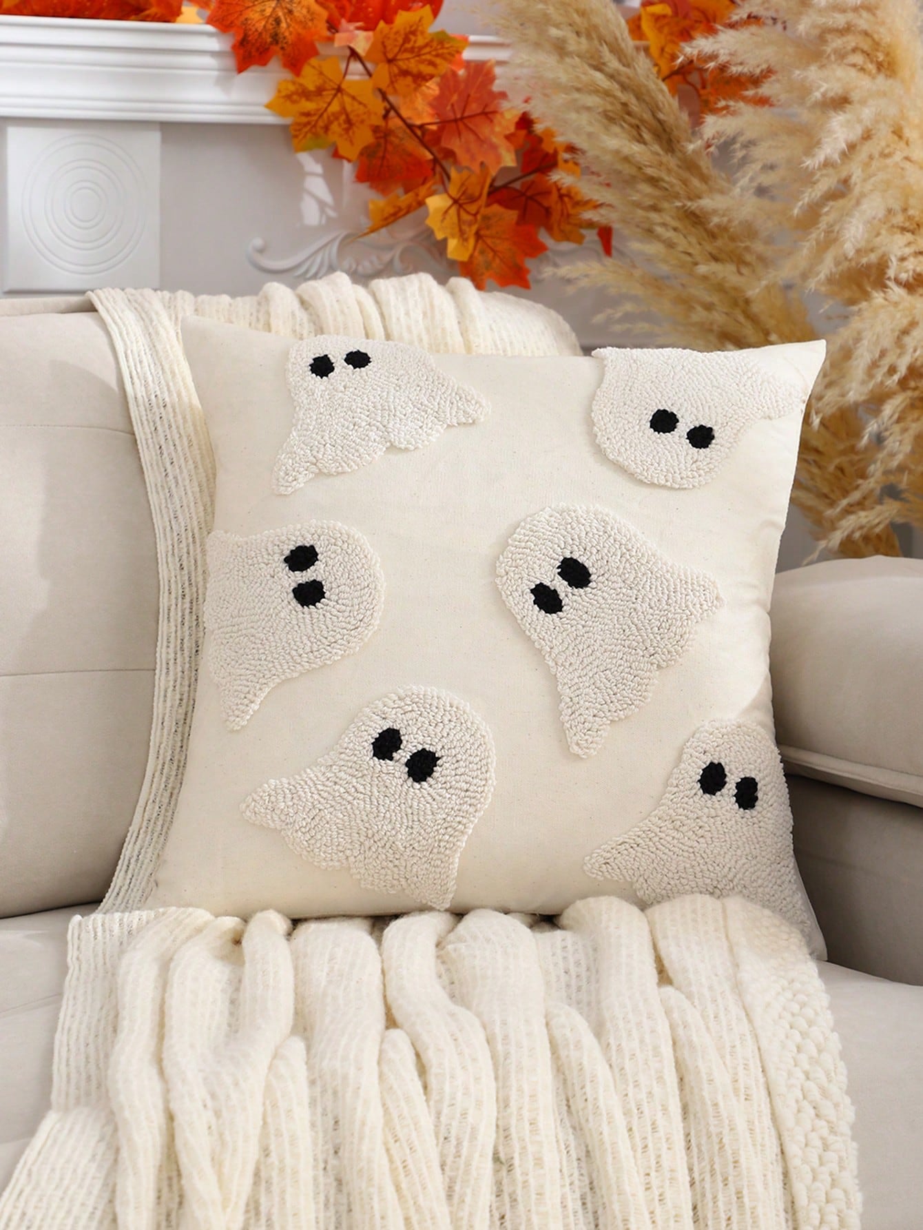 Miater 1pc Halloween Ghost Plush Embroidery Decorative Throw Pillow Cover For Living Room, Bedroom
