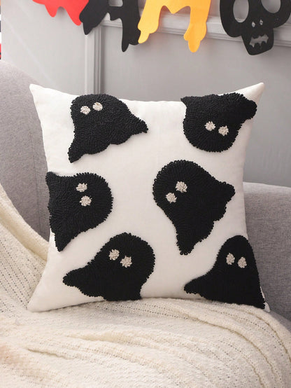 Miater 1pc Halloween Ghost Plush Embroidery Decorative Throw Pillow Cover For Living Room, Bedroom