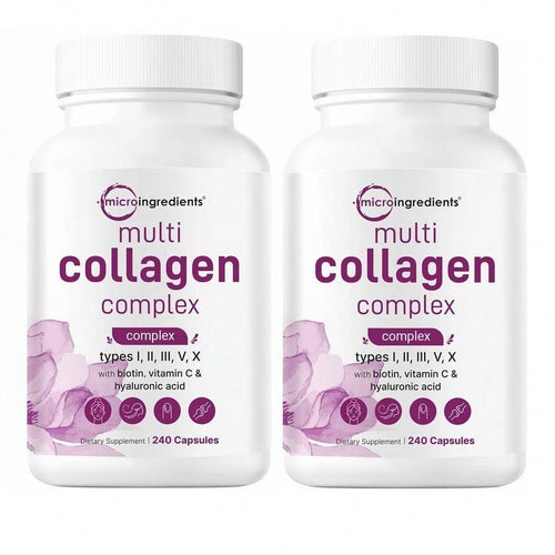 MicroIngredients Multi Collagen Pills For Women & Men, 240 Capsules| Type I, II, III, V, X| Hydrolyzed Peptides With Biotin, Hyaluronic Acid, & Fat Soluble Vitamin C Complex| Non-GMO, Filler Free V