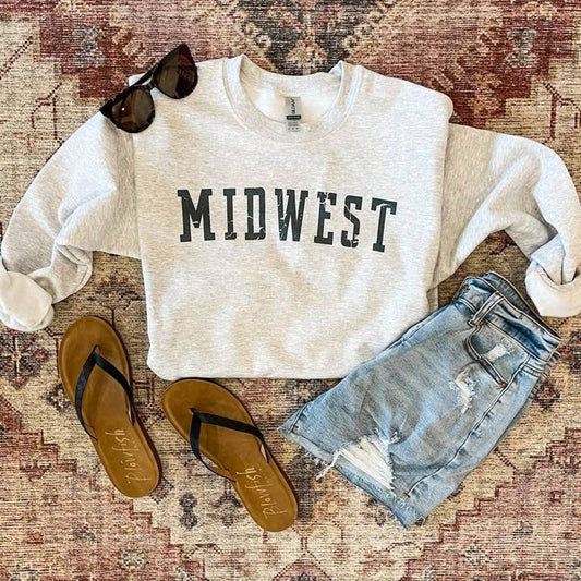 Midwest Classic Crewneck Sweatshirt- Ash Grey Swearshirt. Winter Clothes For Women-Long Sleeve Tops