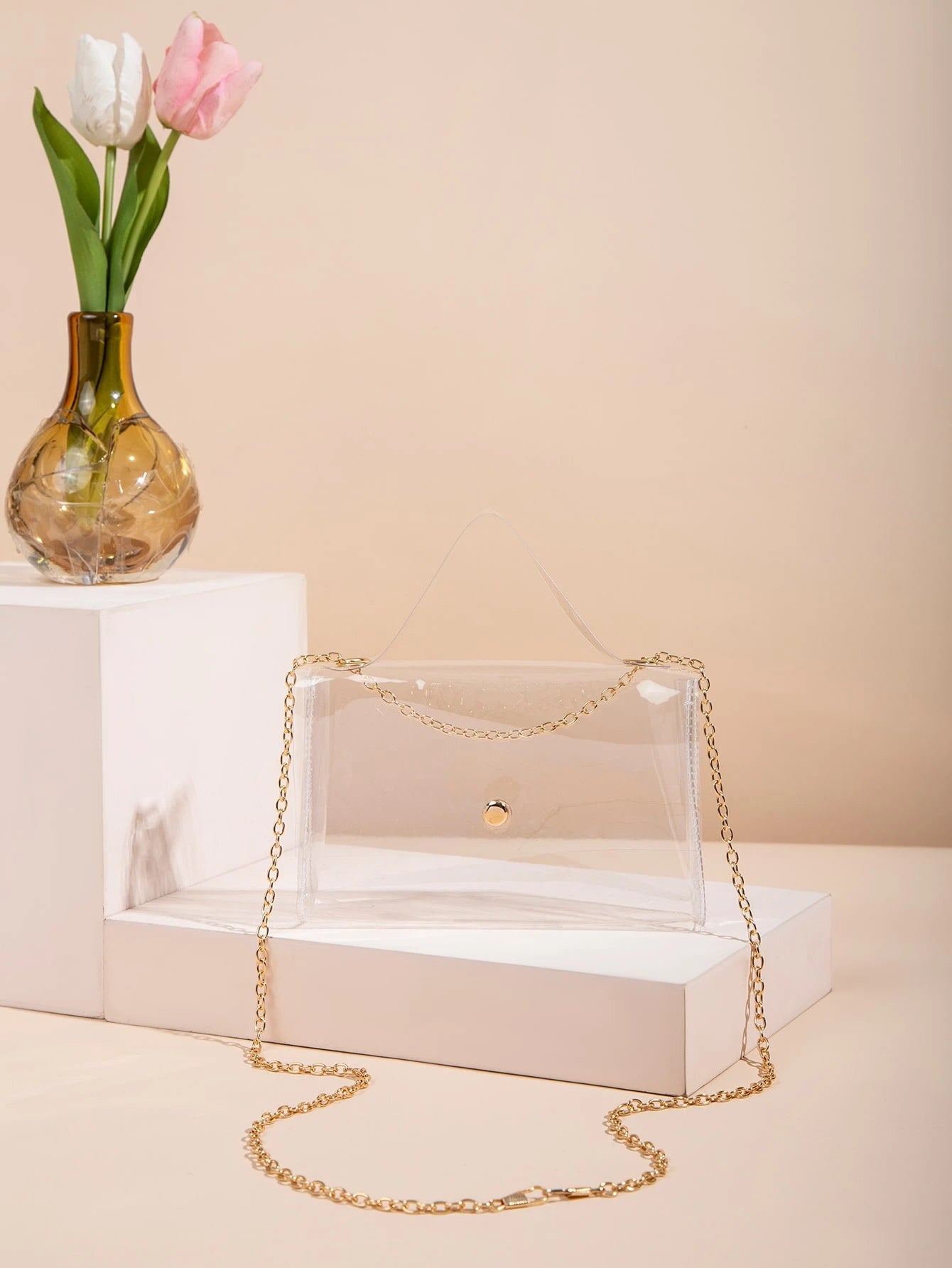 Mini Clear Snap Button Chain Square Bag, Stadium Approved 12 X 12 X 6 Clear Transparent Purse Bag For Concerts Sports Events Festivals, Waterproof, Sandproof Transparent Bag, Beach Sports Picnic Snack