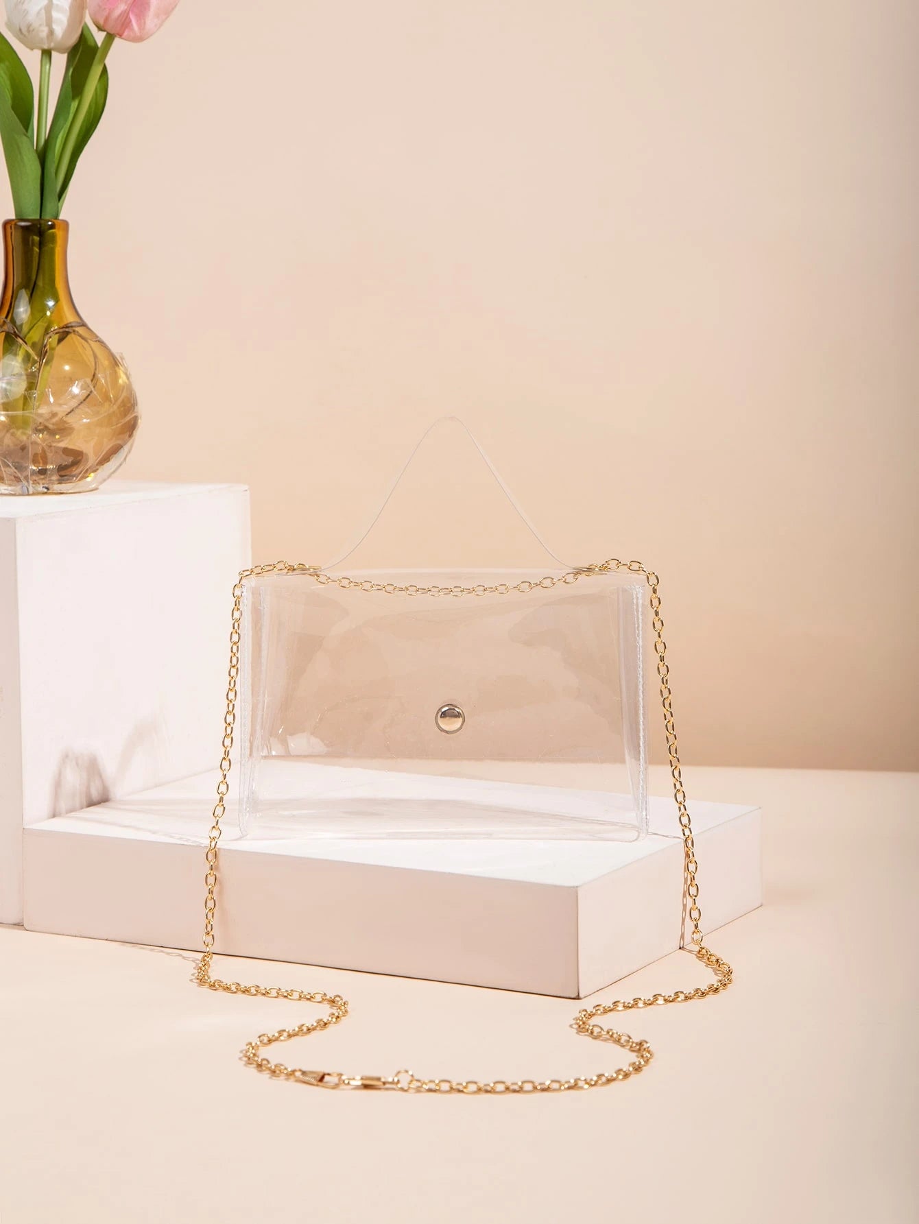 Mini Clear Snap Button Chain Square Bag, Stadium Approved 12 X 12 X 6 Clear Transparent Purse Bag For Concerts Sports Events Festivals, Waterproof, Sandproof Transparent Bag, Beach Sports Picnic Snack