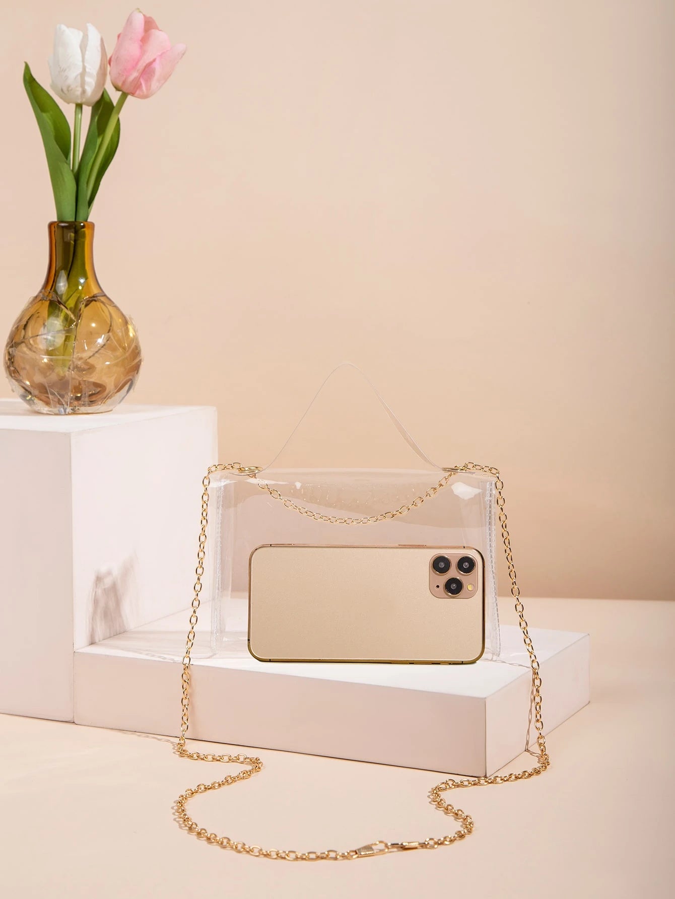 Mini Clear Snap Button Chain Square Bag, Stadium Approved 12 X 12 X 6 Clear Transparent Purse Bag For Concerts Sports Events Festivals, Waterproof, Sandproof Transparent Bag, Beach Sports Picnic Snack