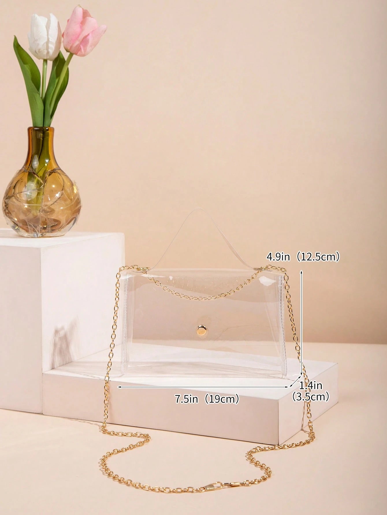 Mini Clear Snap Button Chain Square Bag, Stadium Approved 12 X 12 X 6 Clear Transparent Purse Bag For Concerts Sports Events Festivals, Waterproof, Sandproof Transparent Bag, Beach Sports Picnic Snack