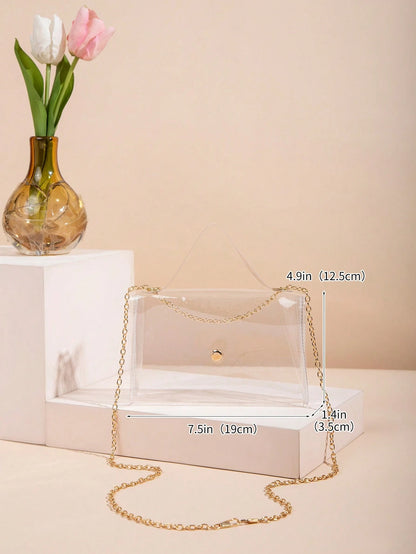 Mini Clear Snap Button Chain Square Bag, Stadium Approved 12 X 12 X 6 Clear Transparent Purse Bag For Concerts Sports Events Festivals, Waterproof, Sandproof Transparent Bag, Beach Sports Picnic Snack