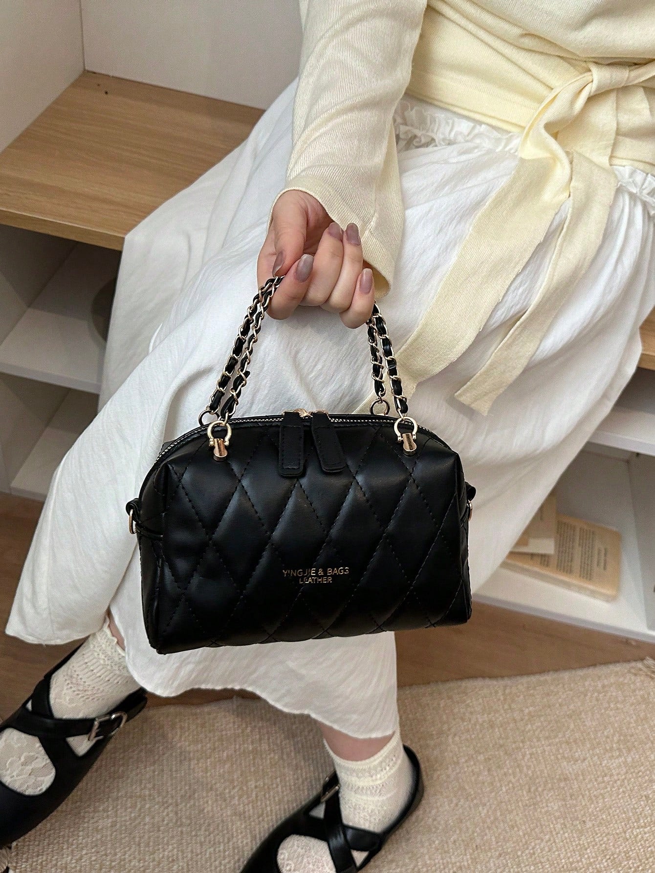 Mini Rhombus Gold Chain Solid Color PU Leather Shoulder Crossbody Bag, New Women's Commuter Casual Handbag