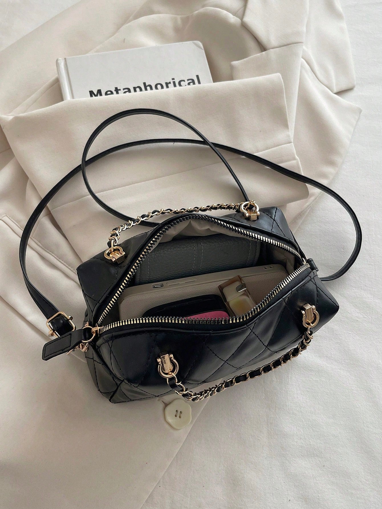 Mini Rhombus Gold Chain Solid Color PU Leather Shoulder Crossbody Bag, New Women's Commuter Casual Handbag