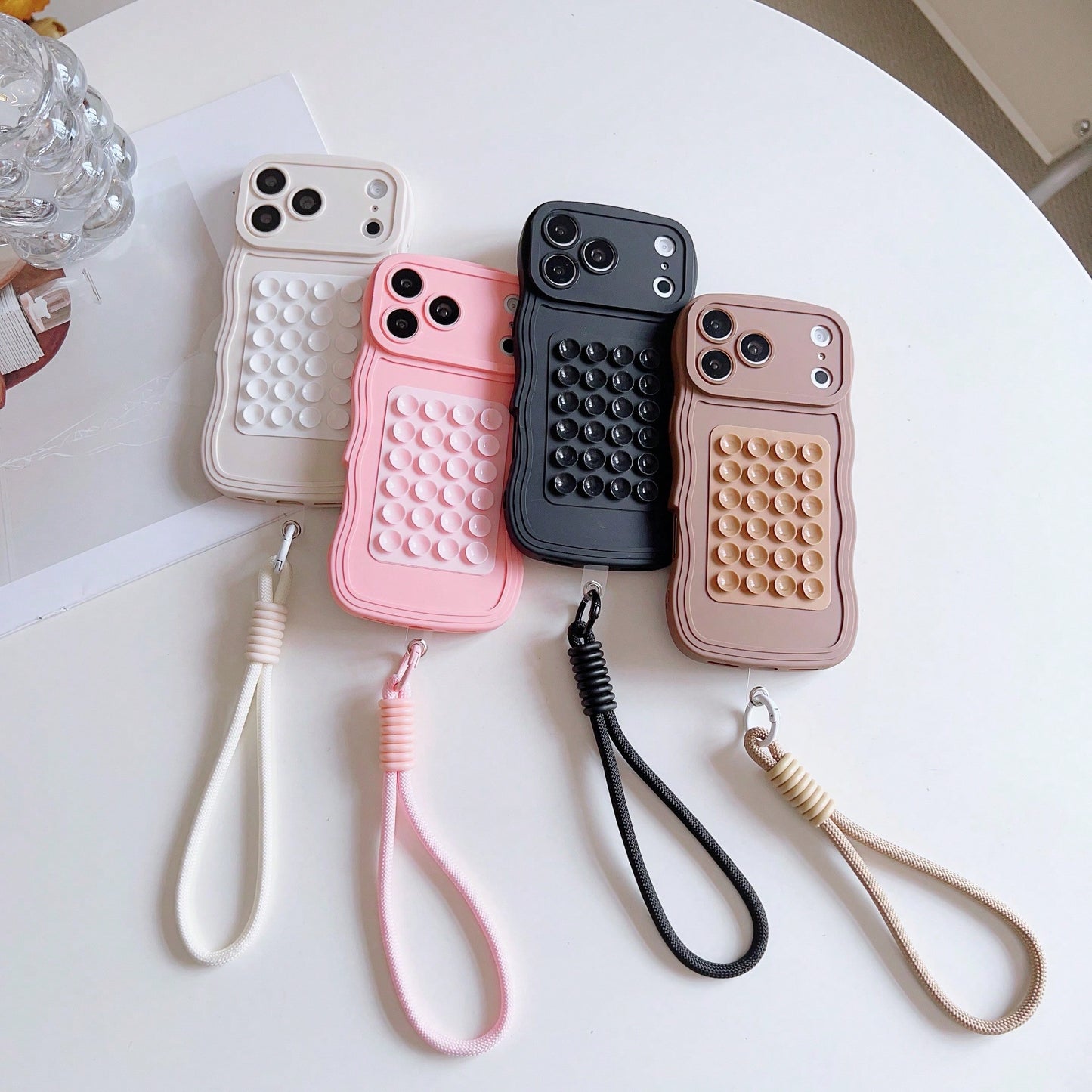 Minimalist Pure Black Suction Cup Protective Case, Thickened Flexible TPU Material, 3D Suction Cups With Detachable Black Braided Anti-Loss Lanyard, Non-Slip Commute Daily Stress Relief Versatile Phon