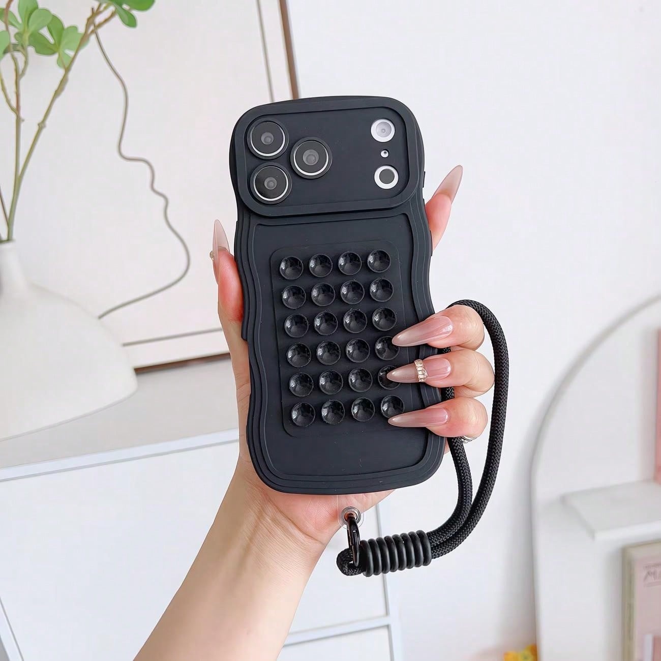 Minimalist Pure Black Suction Cup Protective Case, Thickened Flexible TPU Material, 3D Suction Cups With Detachable Black Braided Anti-Loss Lanyard, Non-Slip Commute Daily Stress Relief Versatile Phon