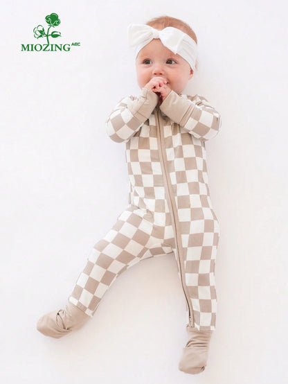 MIOZING Baby Checkerboard Print Romper, Light Gray Bamboo Zipper Jumpsuit, Long Sleeve Unisex Outfit,All Season Daily Wear For Baby Boys Or Baby Girls