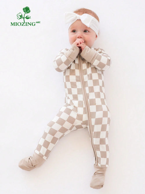 MIOZING Baby Checkerboard Print Romper, Light Gray Bamboo Zipper Jumpsuit, Long Sleeve Unisex Outfit,All Season Daily Wear For Baby Boys Or Baby Girls