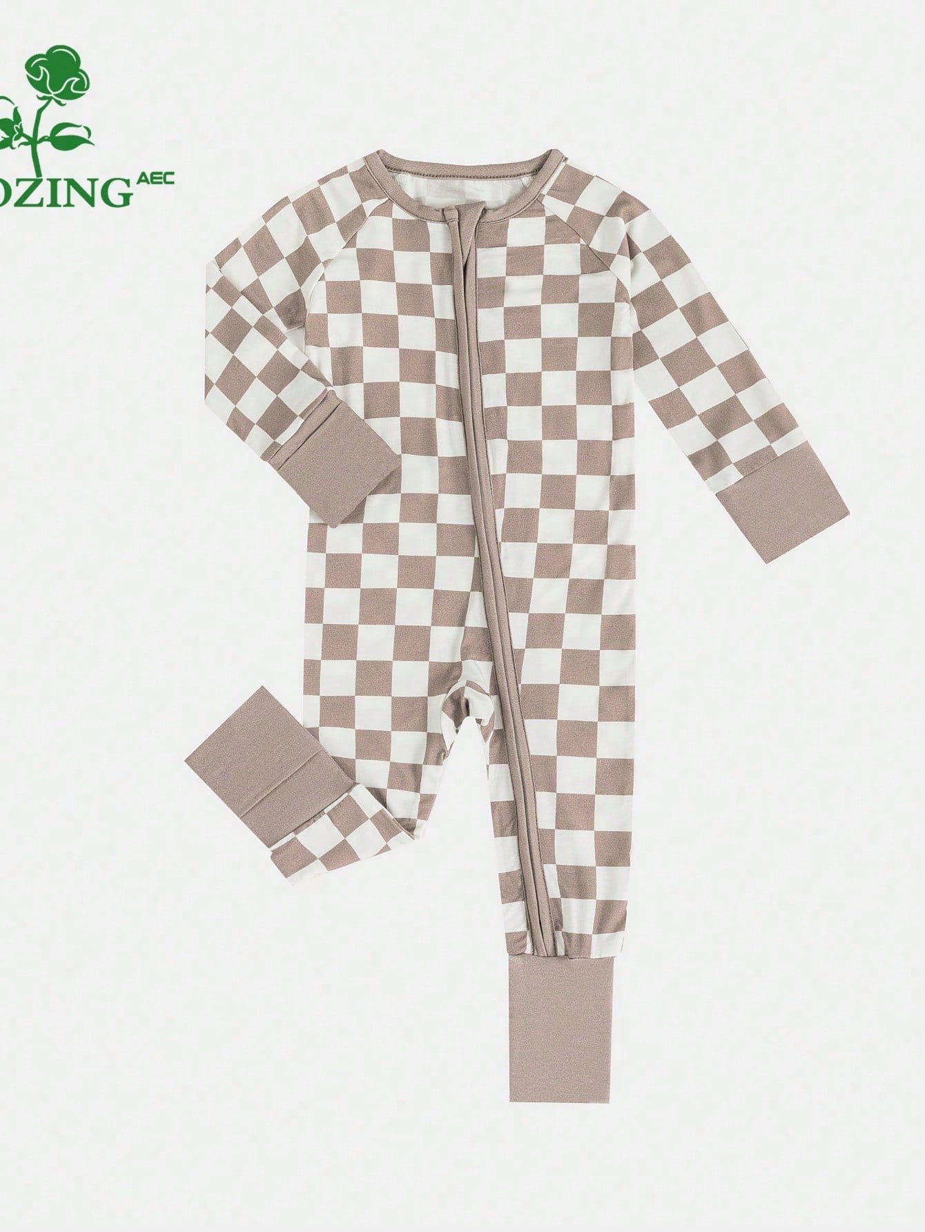 MIOZING Baby Checkerboard Print Romper, Light Gray Bamboo Zipper Jumpsuit, Long Sleeve Unisex Outfit,All Season Daily Wear For Baby Boys Or Baby Girls