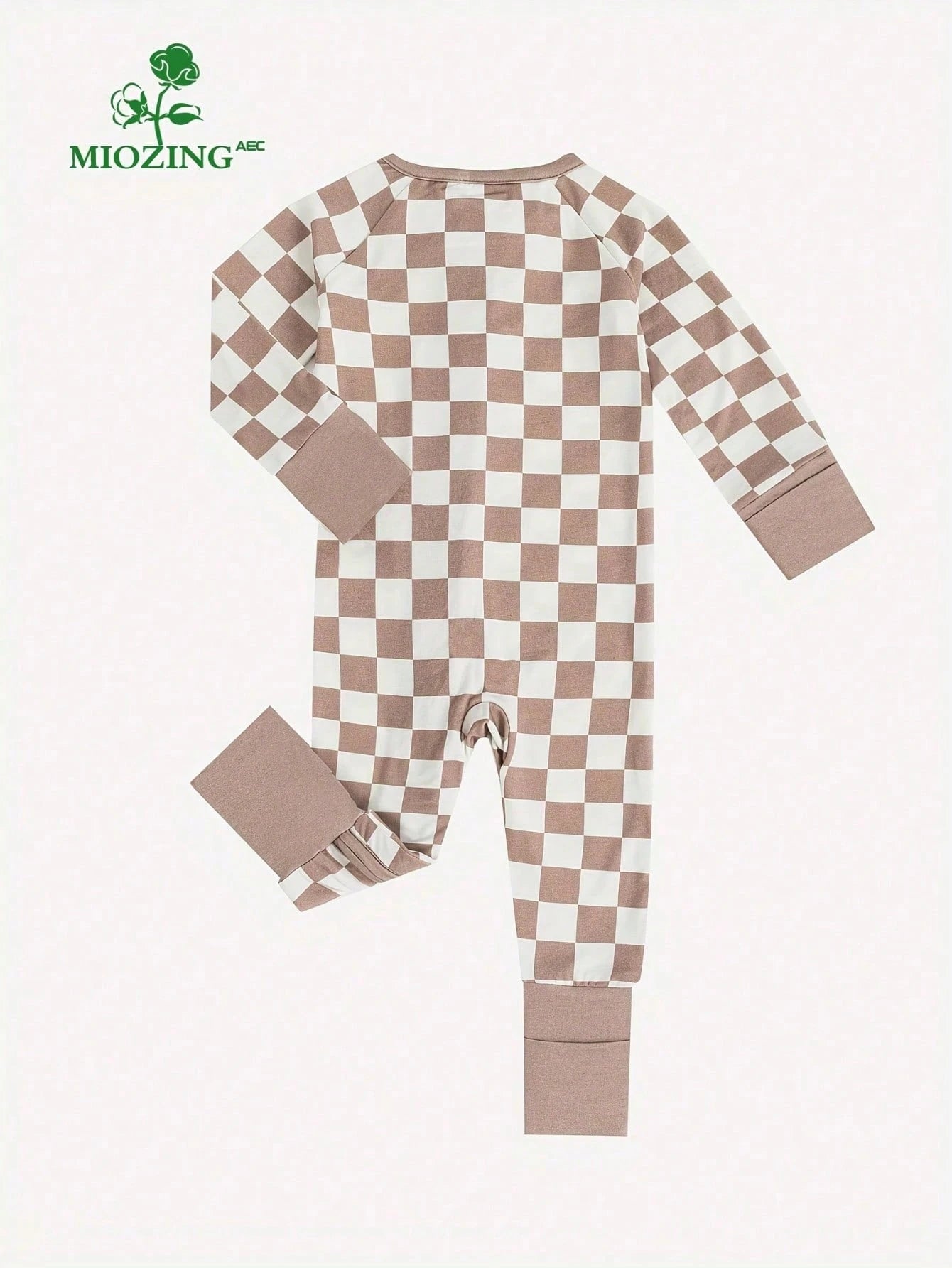 MIOZING Baby Checkerboard Print Romper, Light Gray Bamboo Zipper Jumpsuit, Long Sleeve Unisex Outfit,All Season Daily Wear For Baby Boys Or Baby Girls