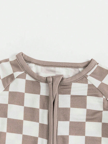 MIOZING Baby Checkerboard Print Romper, Light Gray Bamboo Zipper Jumpsuit, Long Sleeve Unisex Outfit,All Season Daily Wear For Baby Boys Or Baby Girls