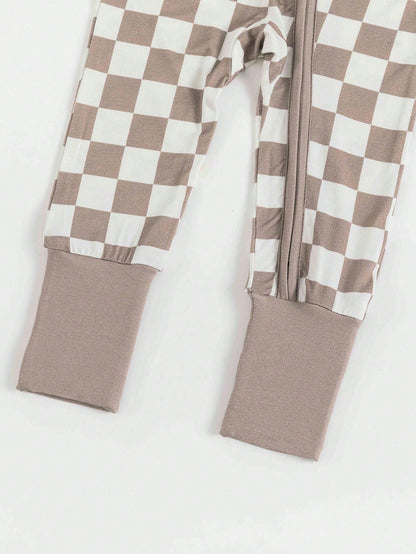 MIOZING Baby Checkerboard Print Romper, Light Gray Bamboo Zipper Jumpsuit, Long Sleeve Unisex Outfit,All Season Daily Wear For Baby Boys Or Baby Girls