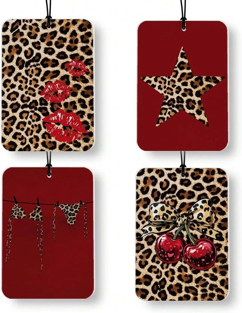 MKGRXZCW Red Leopard Print Car Air Freshener 4 Pcs, Funky Y2k Girly Cheetah Print Lips Star Cherry Air Freshener Hanging Decor For Cars Closet Drawer Books Accessories Gifts
