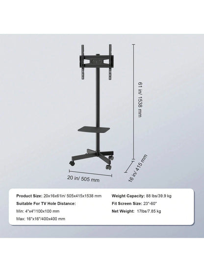 Mobile TV Stand, Mobile TV Cart For 23 To 60 Inch TVs, Height Adjustable Portable TV Stand With Wheels, With A Tray For Audio-Visual Devices, Rolling TV Stand With Mount For Bedroom, Living Room