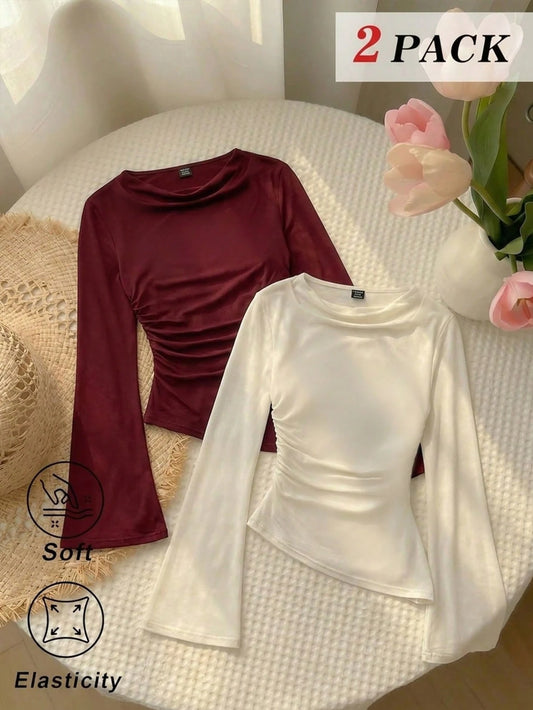 MOD 2pcs Soft Stretch Knit Solid Draped Neck Long Bell Sleeve Asymmetrical Hem Red And White Slim Fit Ruched Tops For Party Date Night Going Out Valentine's Day Spring Fall. Women's Wine Red & A