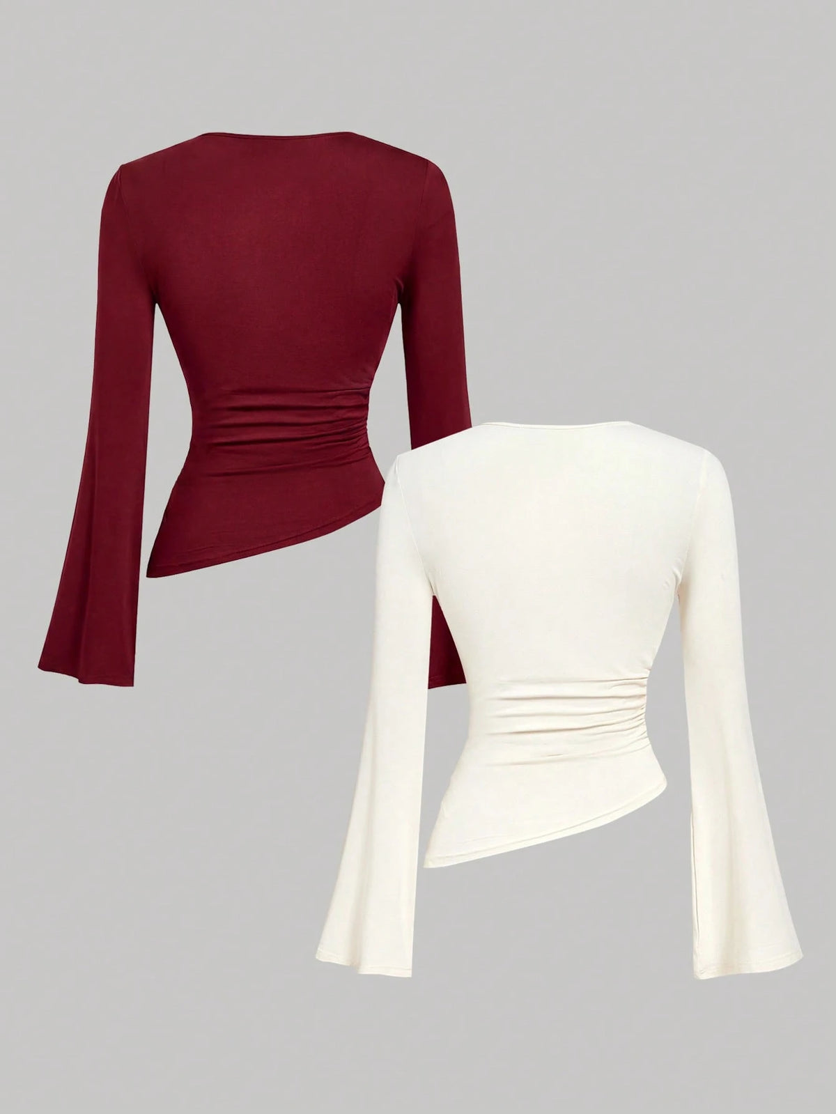 MOD 2pcs Soft Stretch Knit Solid Draped Neck Long Bell Sleeve Asymmetrical Hem Red And White Slim Fit Ruched Tops For Party Date Night Going Out Valentine's Day Spring Fall. Women's Wine Red & A