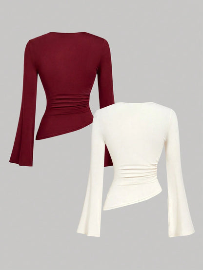 MOD 2pcs Soft Stretch Knit Solid Draped Neck Long Bell Sleeve Asymmetrical Hem Red And White Slim Fit Ruched Tops For Party Date Night Going Out Valentine's Day Spring Fall. Women's Wine Red & A