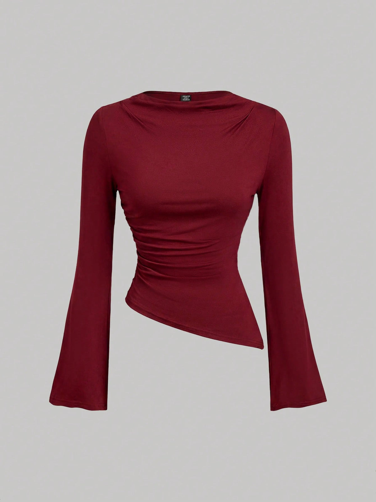 MOD 2pcs Soft Stretch Knit Solid Draped Neck Long Bell Sleeve Asymmetrical Hem Red And White Slim Fit Ruched Tops For Party Date Night Going Out Valentine's Day Spring Fall. Women's Wine Red & A