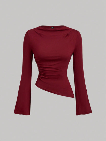 MOD 2pcs Soft Stretch Knit Solid Draped Neck Long Bell Sleeve Asymmetrical Hem Red And White Slim Fit Ruched Tops For Party Date Night Going Out Valentine's Day Spring Fall. Women's Wine Red & A