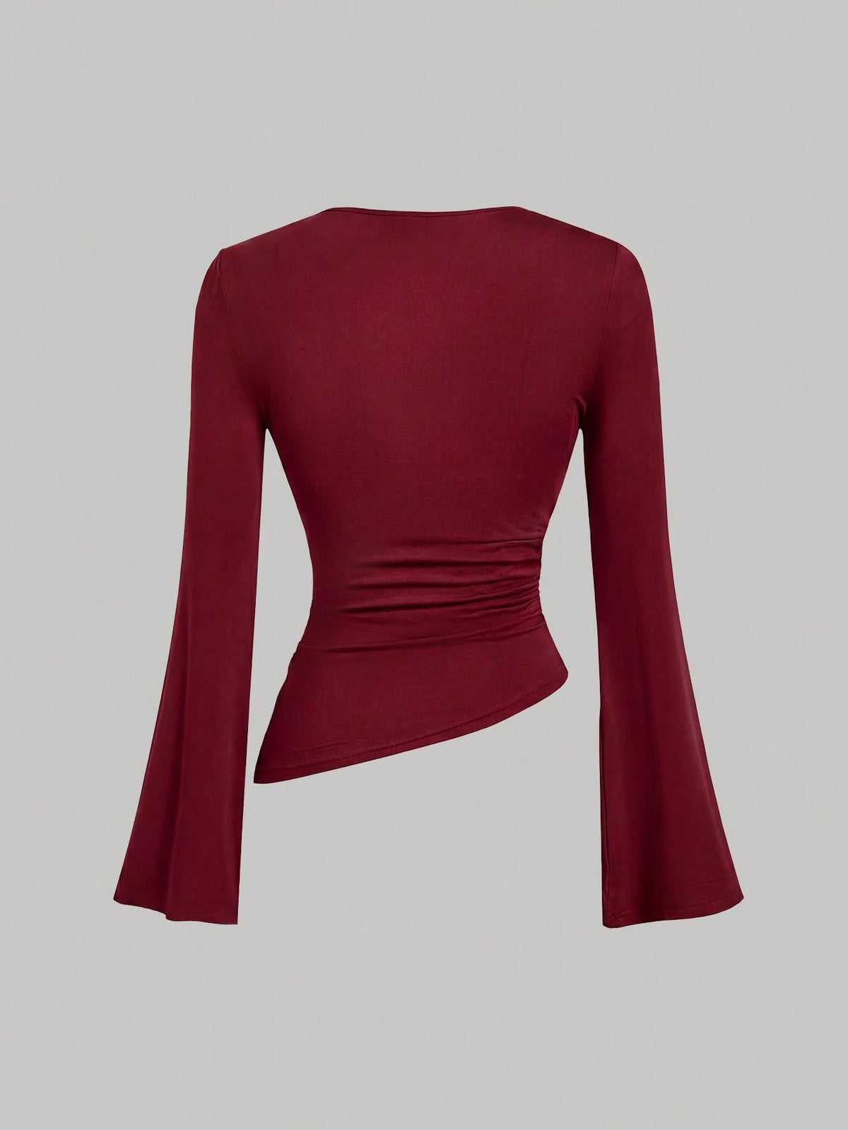 MOD 2pcs Soft Stretch Knit Solid Draped Neck Long Bell Sleeve Asymmetrical Hem Red And White Slim Fit Ruched Tops For Party Date Night Going Out Valentine's Day Spring Fall. Women's Wine Red & A